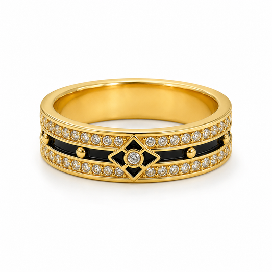 18K Solid Gold Black Enamel Ring, Double Row Sparkling Stones, Geometric Statement Band