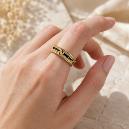 18K Solid Gold Black Enamel Ring, Double Row Sparkling Stones, Geometric Statement Band