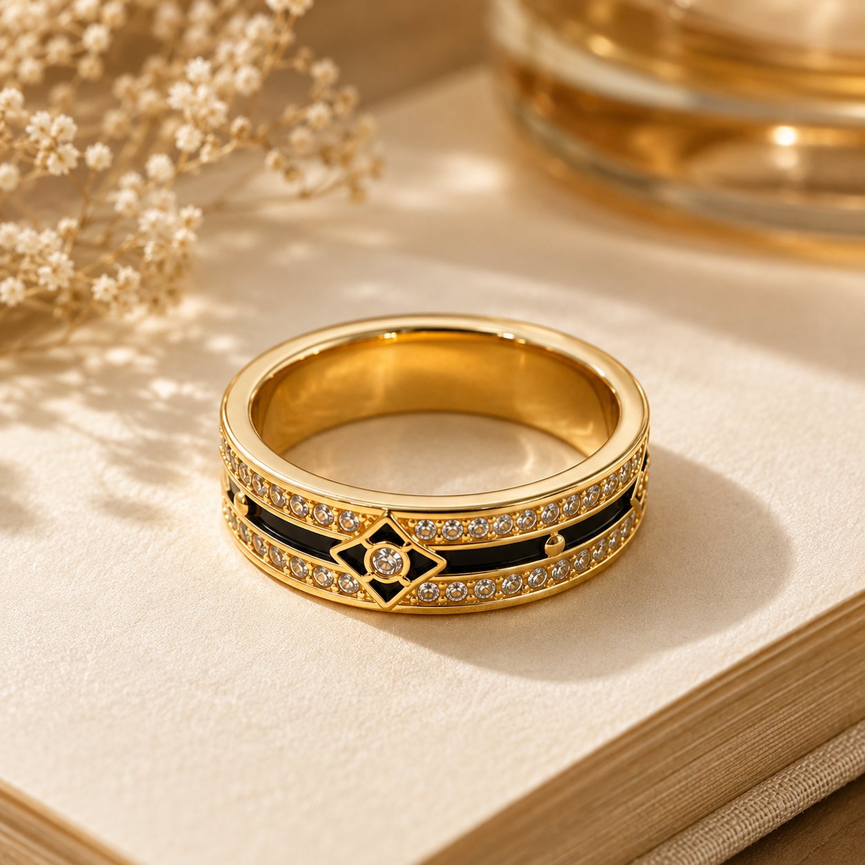 18K Solid Gold Black Enamel Ring, Double Row Sparkling Stones, Geometric Statement Band