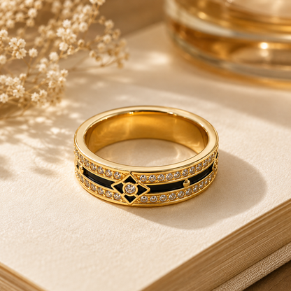 18K Solid Gold Black Enamel Ring, Double Row Sparkling Stones, Geometric Statement Band