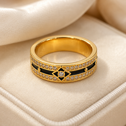 18K Solid Gold Black Enamel Ring, Double Row Sparkling Stones, Geometric Statement Band