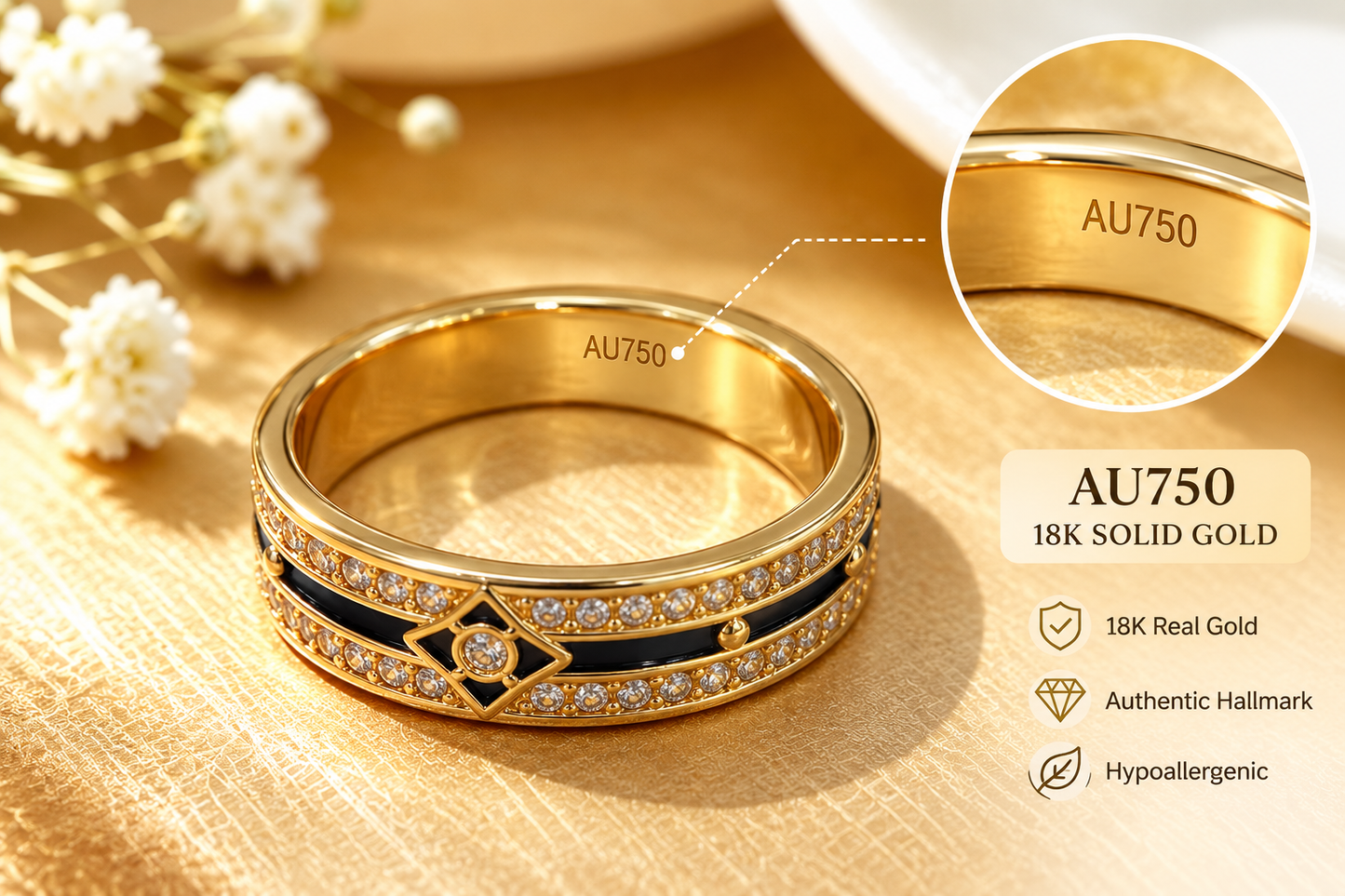 18K Solid Gold Black Enamel Ring, Double Row Sparkling Stones, Geometric Statement Band