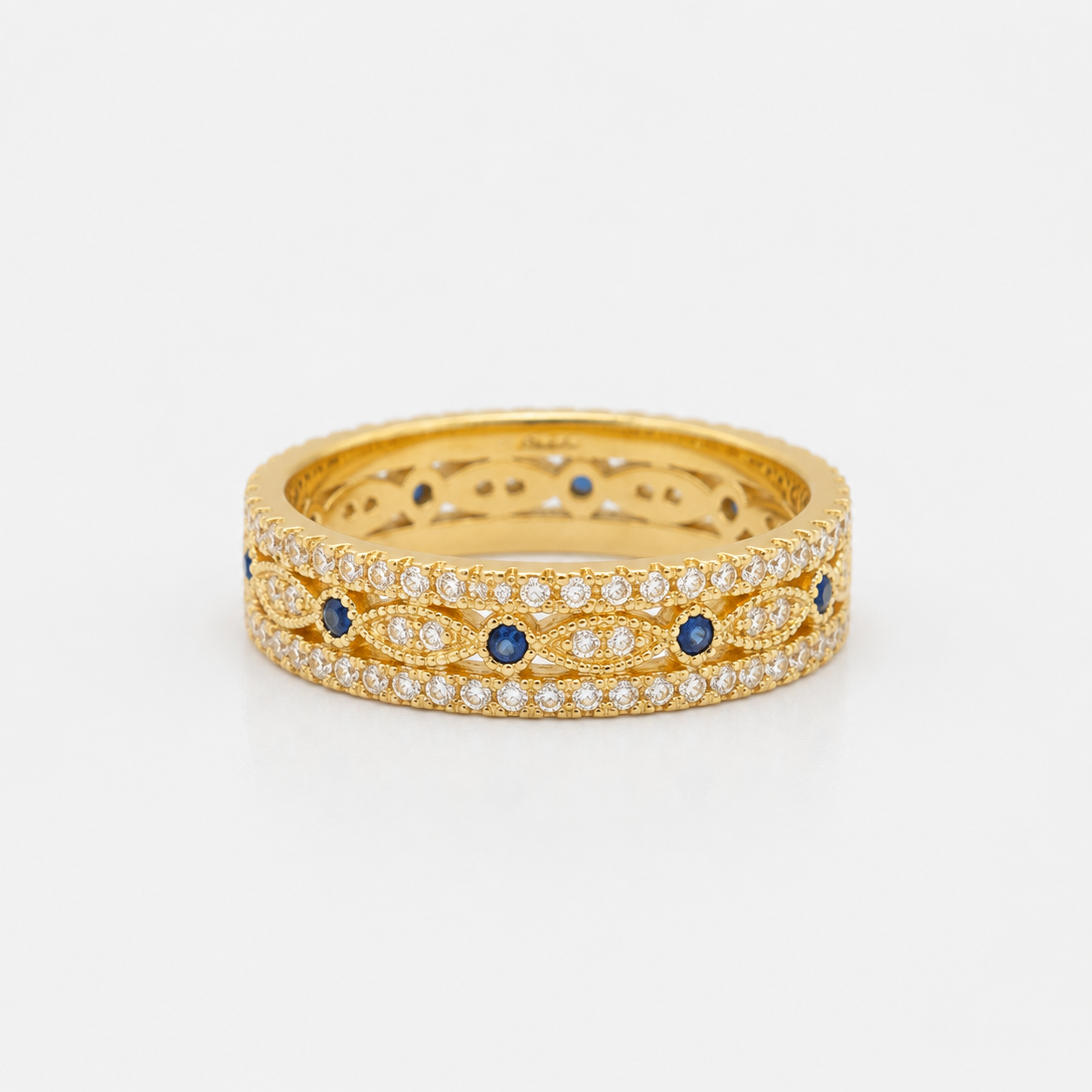 18K Solid Gold Wide Band Ring, Blue Stone Statement Jewelry, Vintage Inspired Fine Ring