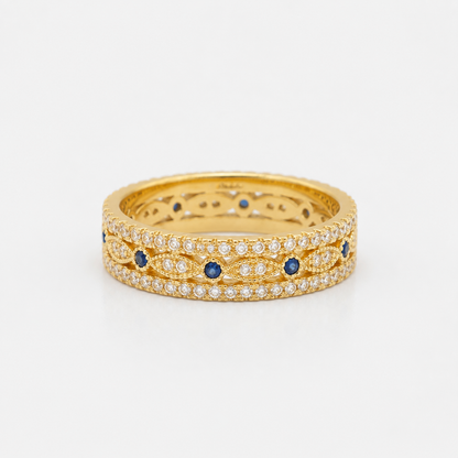 18K Solid Gold Wide Band Ring, Blue Stone Statement Jewelry, Vintage Inspired Fine Ring