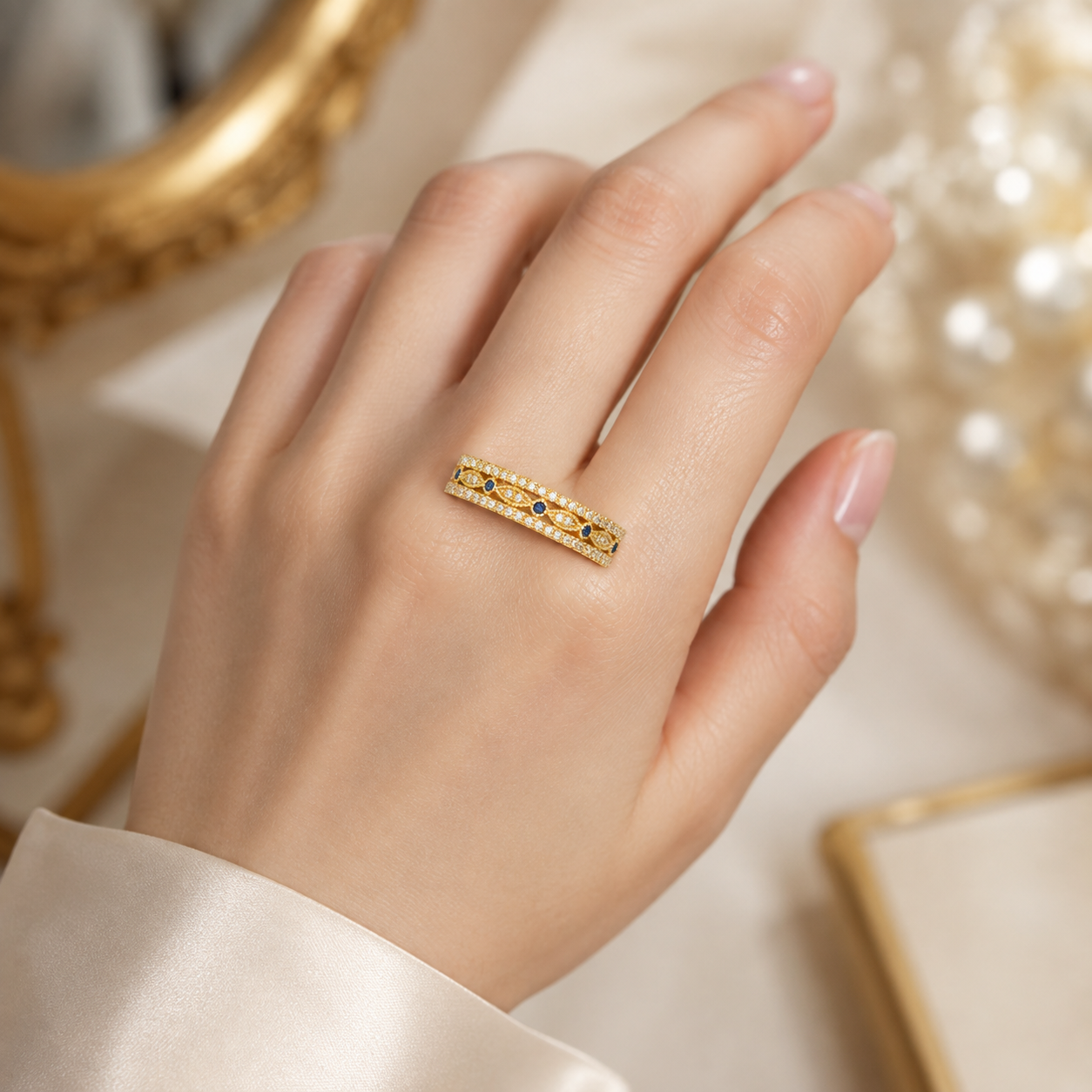 18K Solid Gold Wide Band Ring, Blue Stone Statement Jewelry, Vintage Inspired Fine Ring