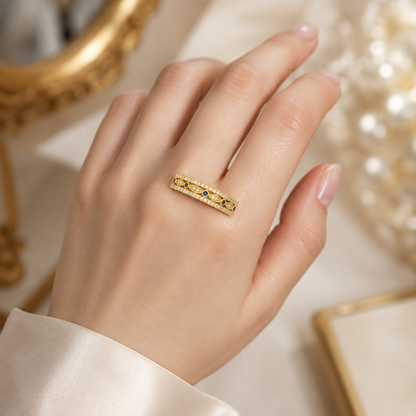 18K Solid Gold Wide Band Ring, Blue Stone Statement Jewelry, Vintage Inspired Fine Ring