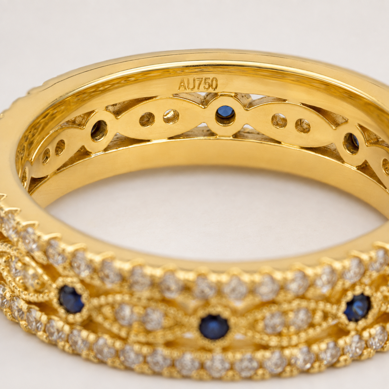 18K Solid Gold Wide Band Ring, Blue Stone Statement Jewelry, Vintage Inspired Fine Ring