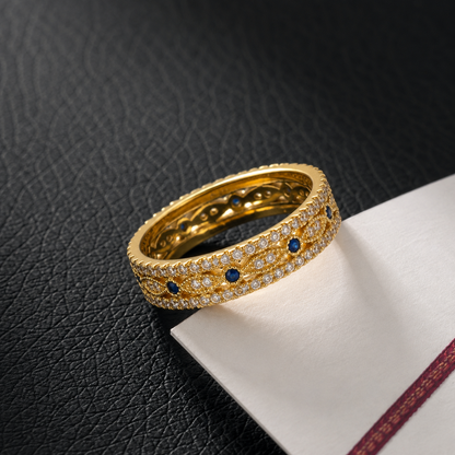 18K Solid Gold Wide Band Ring, Blue Stone Statement Jewelry, Vintage Inspired Fine Ring