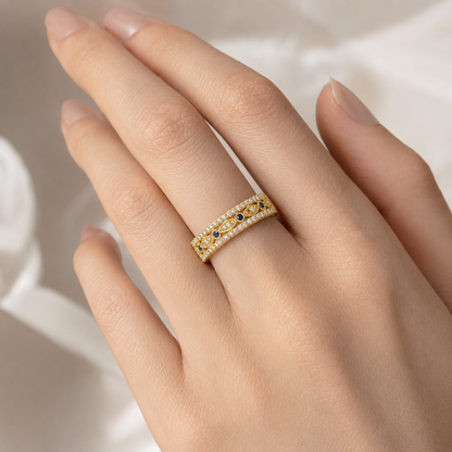 18K Solid Gold Wide Band Ring, Blue Stone Statement Jewelry, Vintage Inspired Fine Ring