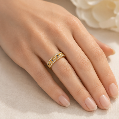 18K Solid Gold Wide Band Ring, Blue Stone Statement Jewelry, Vintage Inspired Fine Ring