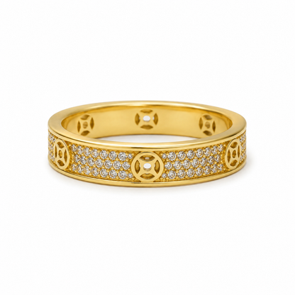 18K Solid Gold Pavé Band Ring, Geometric Design, Sparkling Stones (AU750)