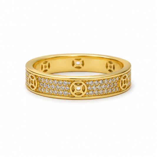 18K Solid Gold Pavé Band Ring, Geometric Design, Sparkling Stones (AU750)