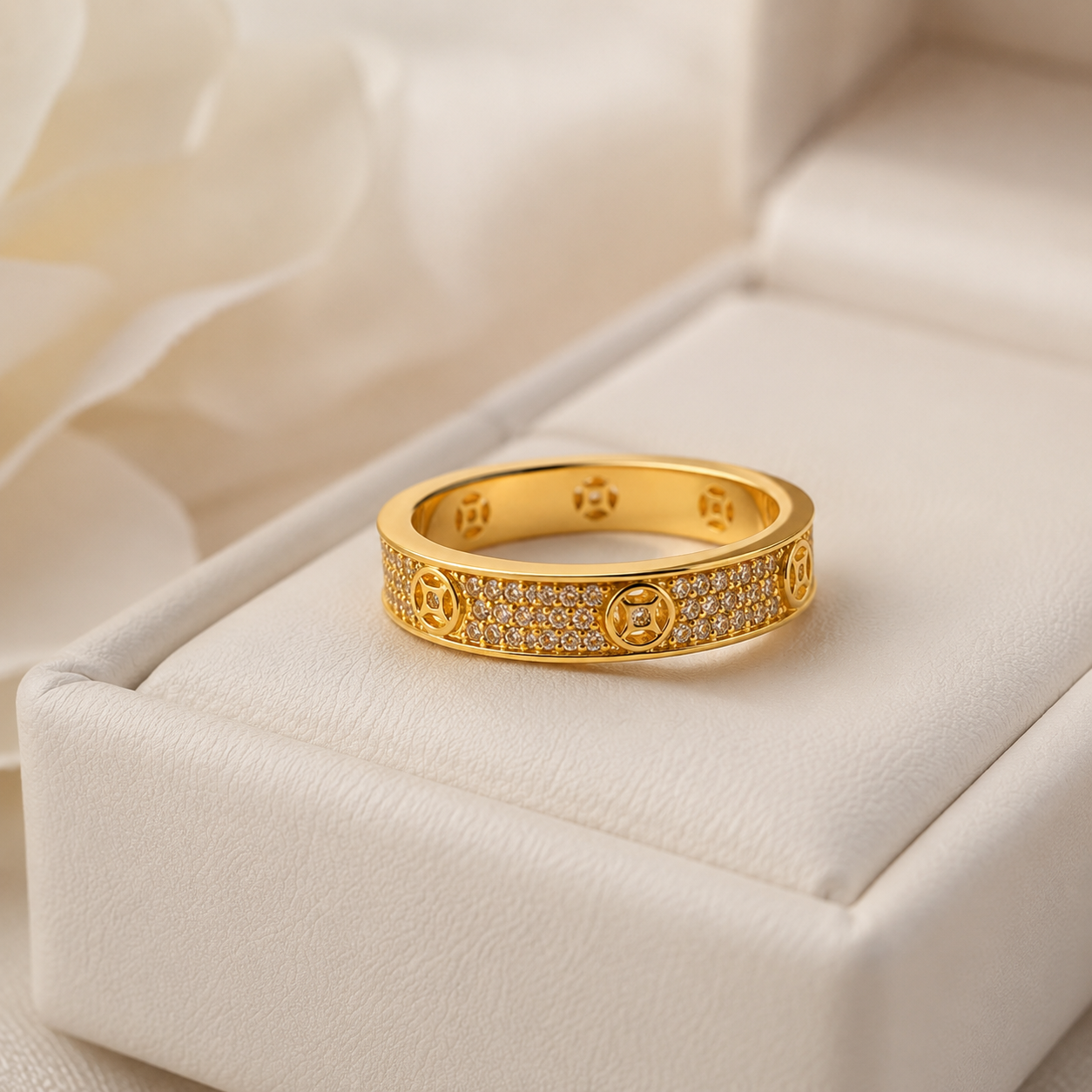 18K Solid Gold Pavé Band Ring, Geometric Design, Sparkling Stones (AU750)