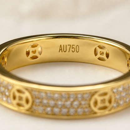 18K Solid Gold Pavé Band Ring, Geometric Design, Sparkling Stones (AU750)
