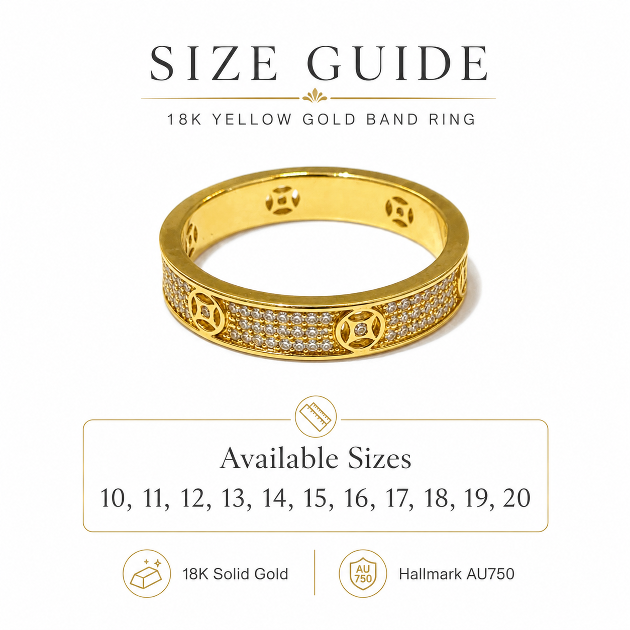 18K Solid Gold Pavé Band Ring, Geometric Design, Sparkling Stones (AU750)