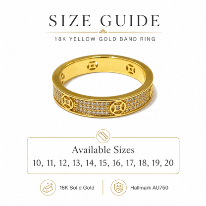 18K Solid Gold Pavé Band Ring, Geometric Design, Sparkling Stones (AU750)