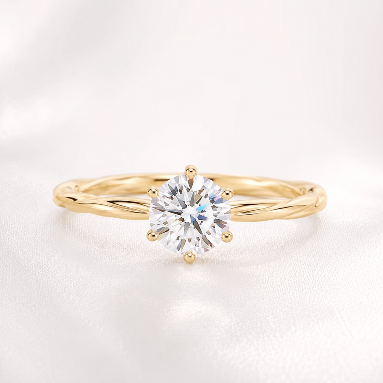 18K Solid Gold Twisted Moissanite Solitaire Ring, Dainty Engagement Band