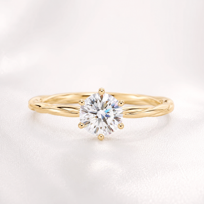 18K Solid Gold Twisted Moissanite Solitaire Ring, Dainty Engagement Band