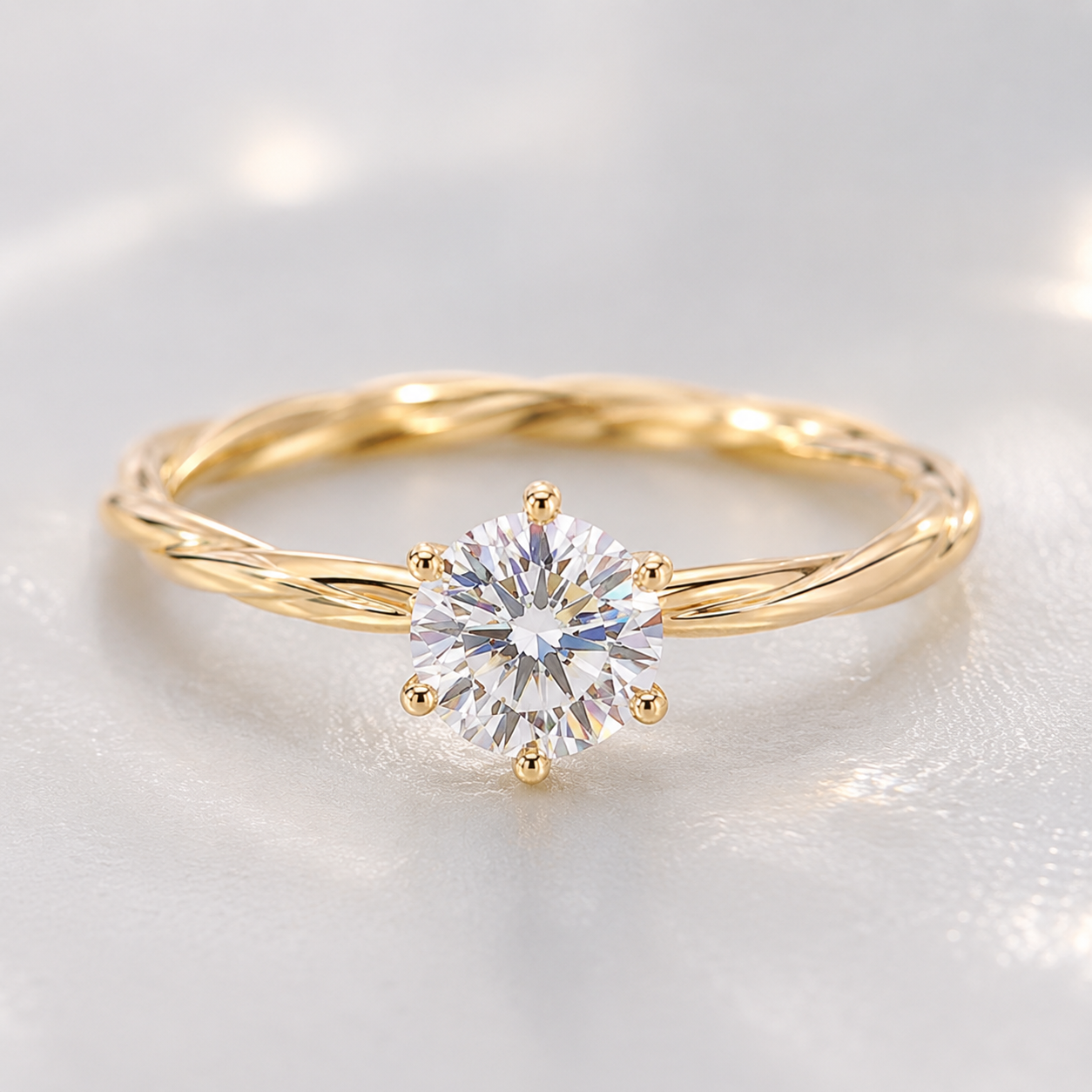 18K Solid Gold Twisted Moissanite Solitaire Ring, Dainty Engagement Band