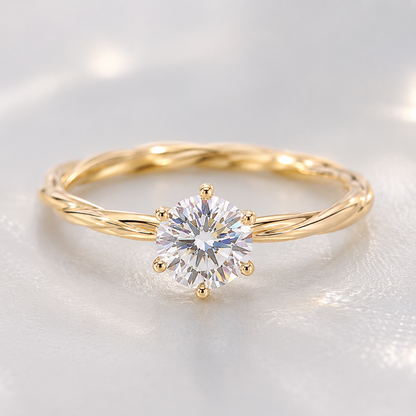 18K Solid Gold Twisted Moissanite Solitaire Ring, Dainty Engagement Band