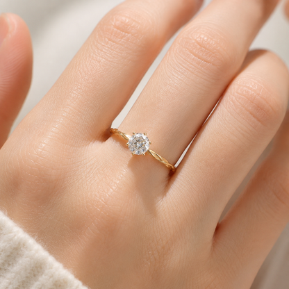 18K Solid Gold Twisted Moissanite Solitaire Ring, Dainty Engagement Band