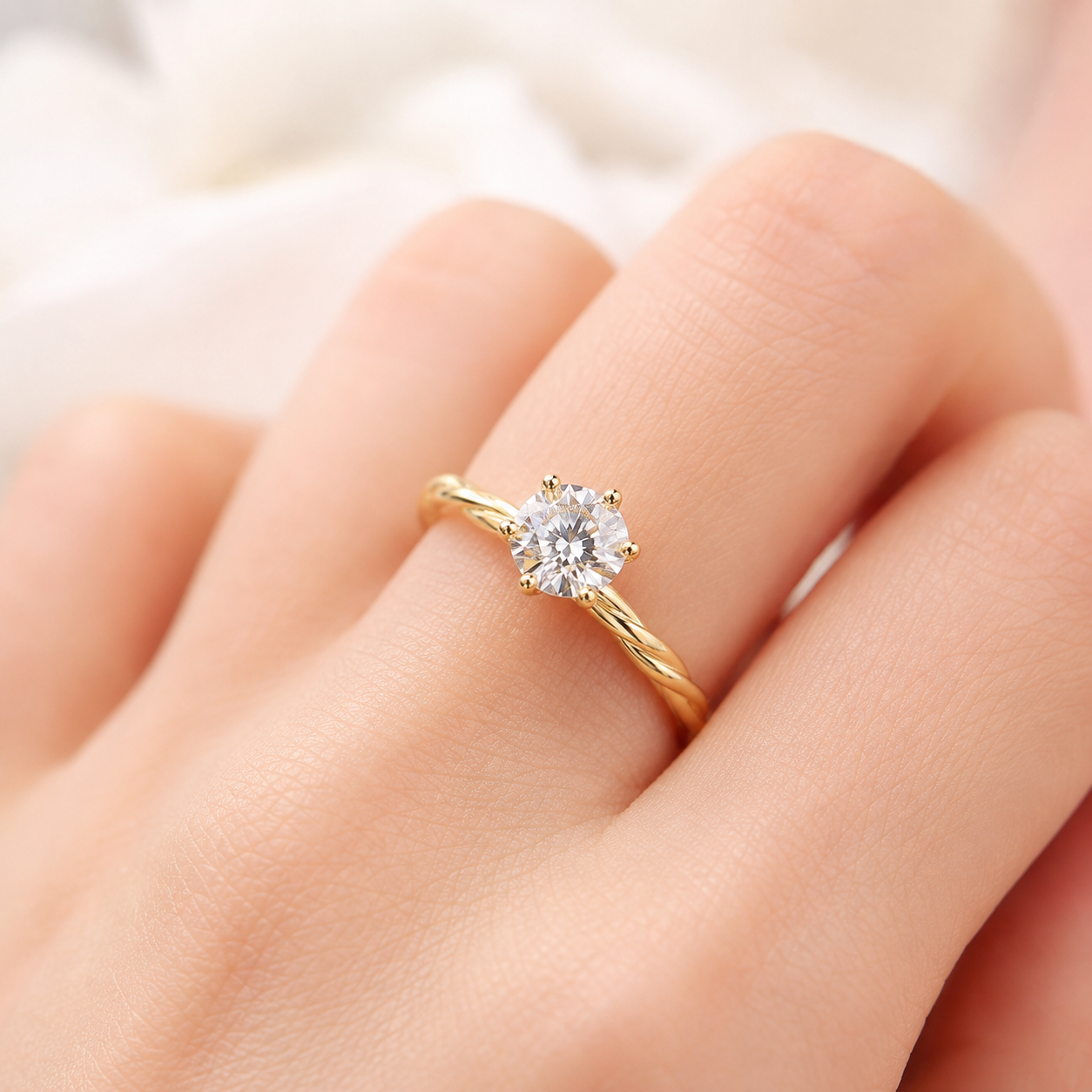 18K Solid Gold Twisted Moissanite Solitaire Ring, Dainty Engagement Band