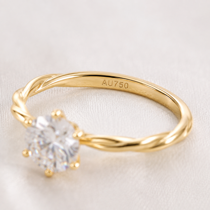 18K Solid Gold Twisted Moissanite Solitaire Ring, Dainty Engagement Band
