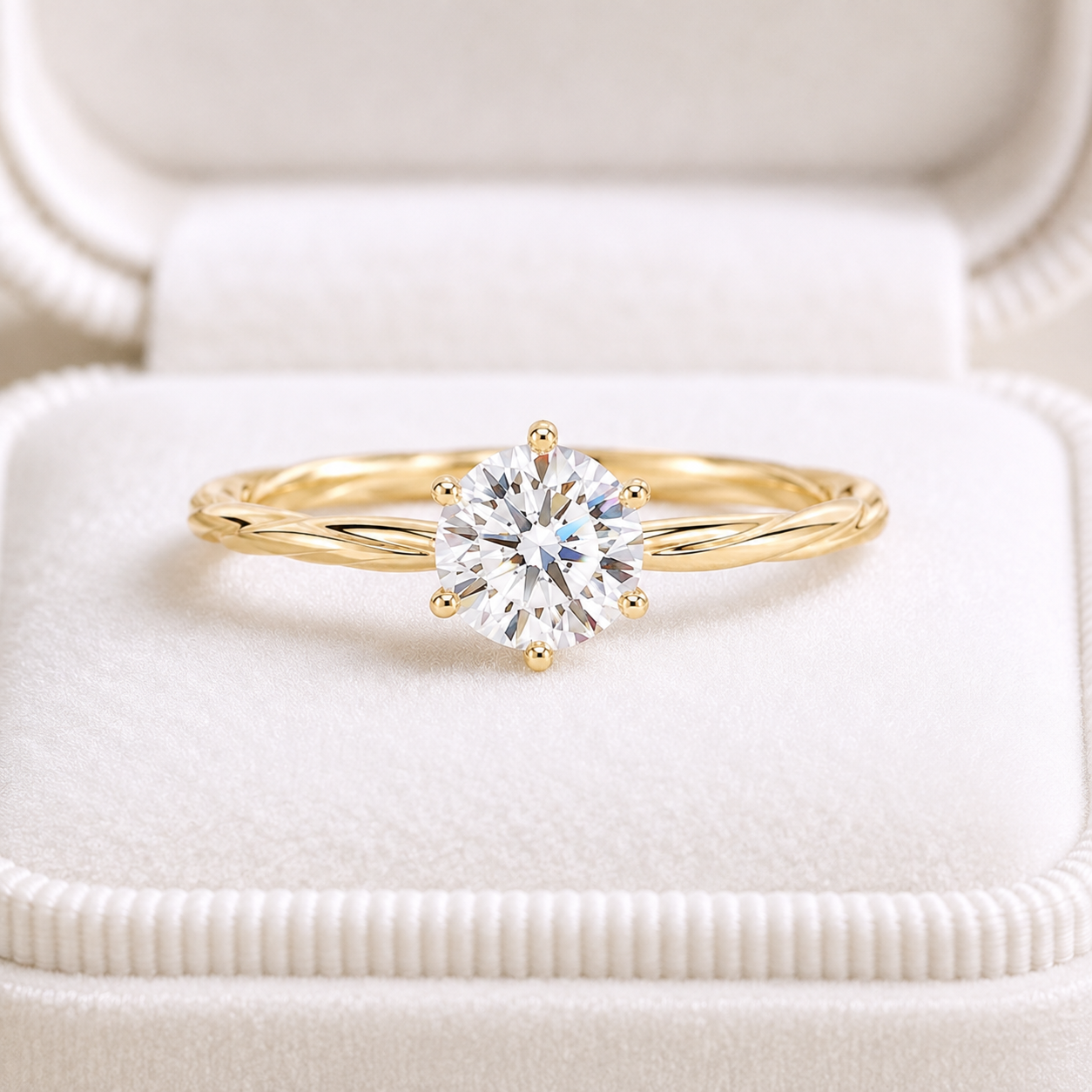 18K Solid Gold Twisted Moissanite Solitaire Ring, Dainty Engagement Band
