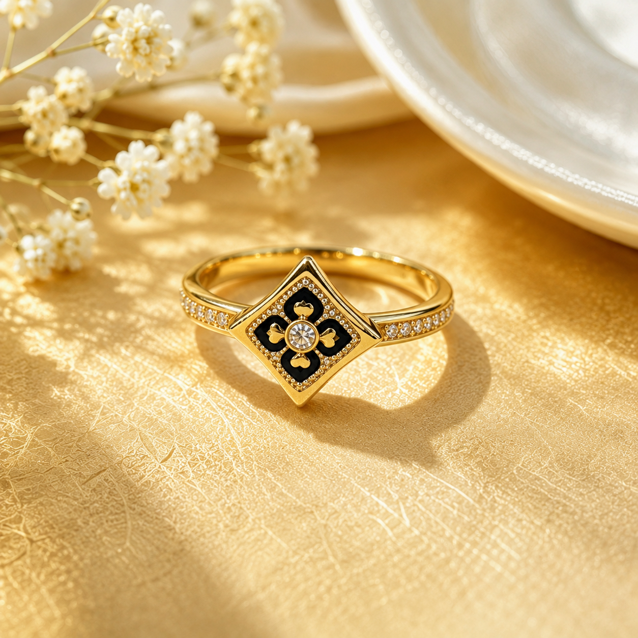 18K Solid Gold Floral Enamel Ring, Vintage Geometric Design, Sparkling Stones (AU750)