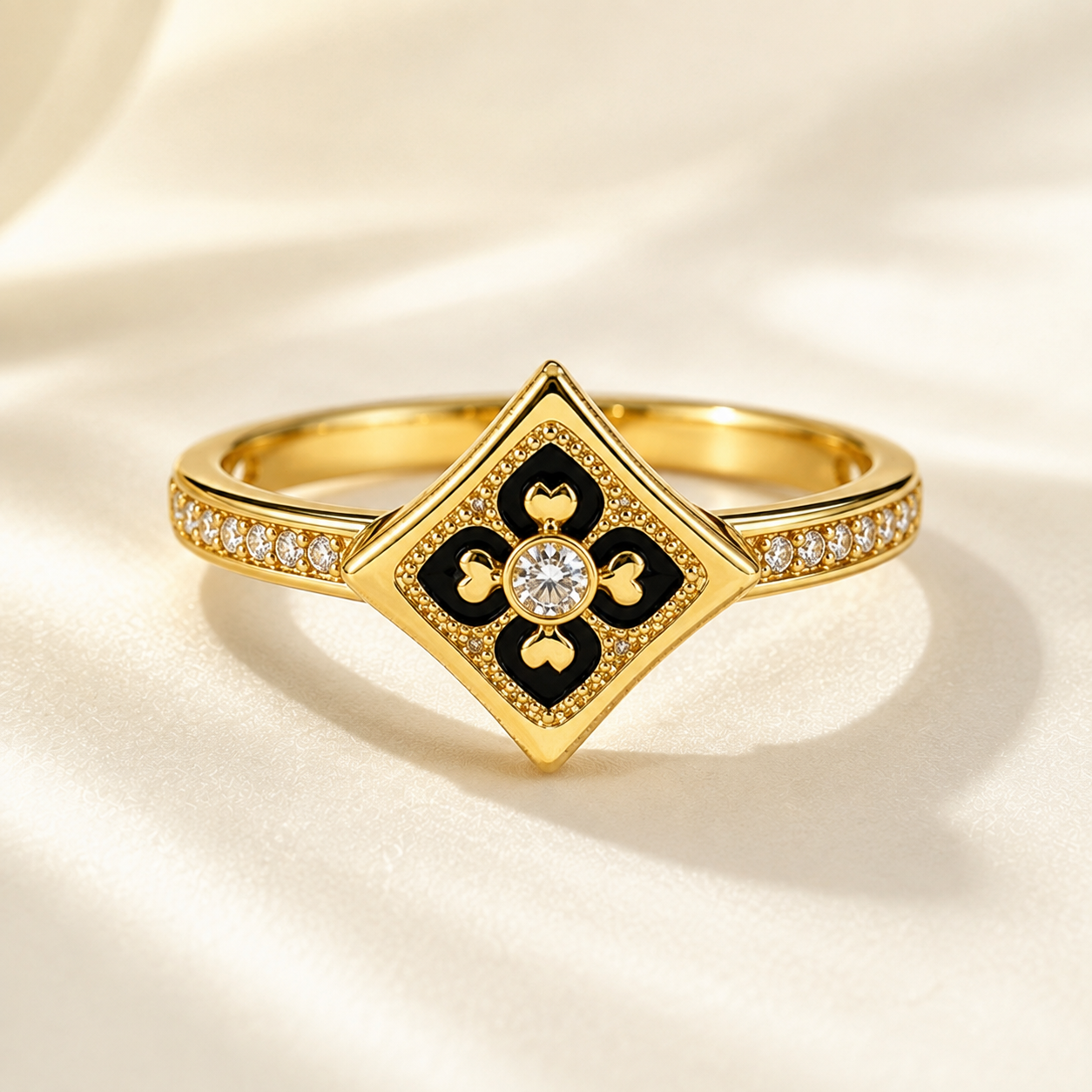 18K Solid Gold Floral Enamel Ring, Vintage Geometric Design, Sparkling Stones (AU750)