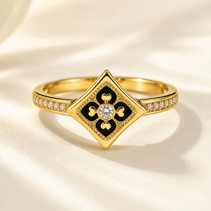 18K Solid Gold Floral Enamel Ring, Vintage Geometric Design, Sparkling Stones (AU750)