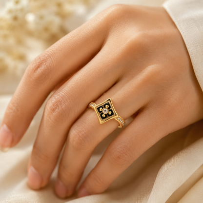 18K Solid Gold Floral Enamel Ring, Vintage Geometric Design, Sparkling Stones (AU750)