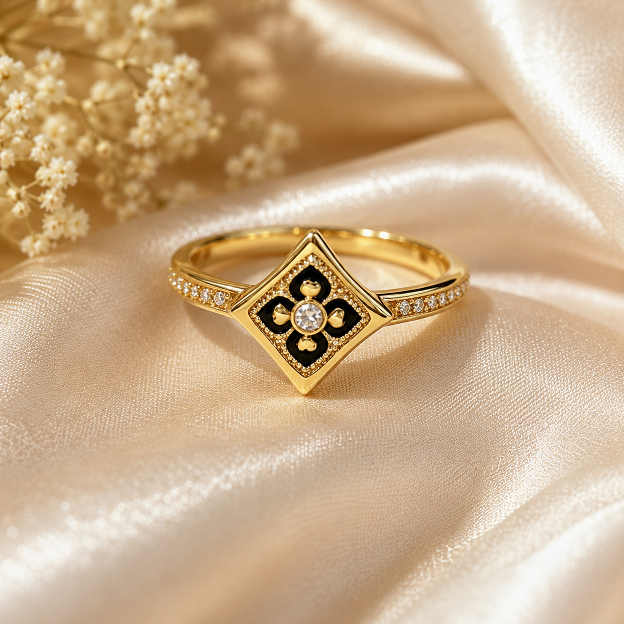 18K Solid Gold Floral Enamel Ring, Vintage Geometric Design, Sparkling Stones (AU750)