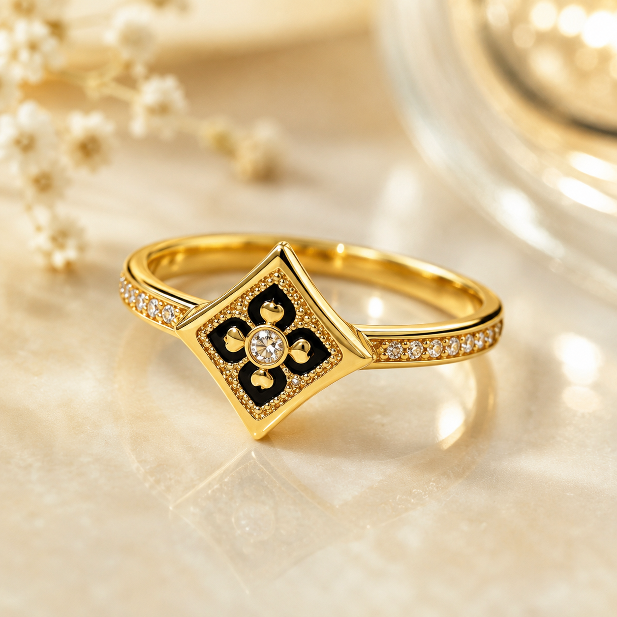 18K Solid Gold Floral Enamel Ring, Vintage Geometric Design, Sparkling Stones (AU750)