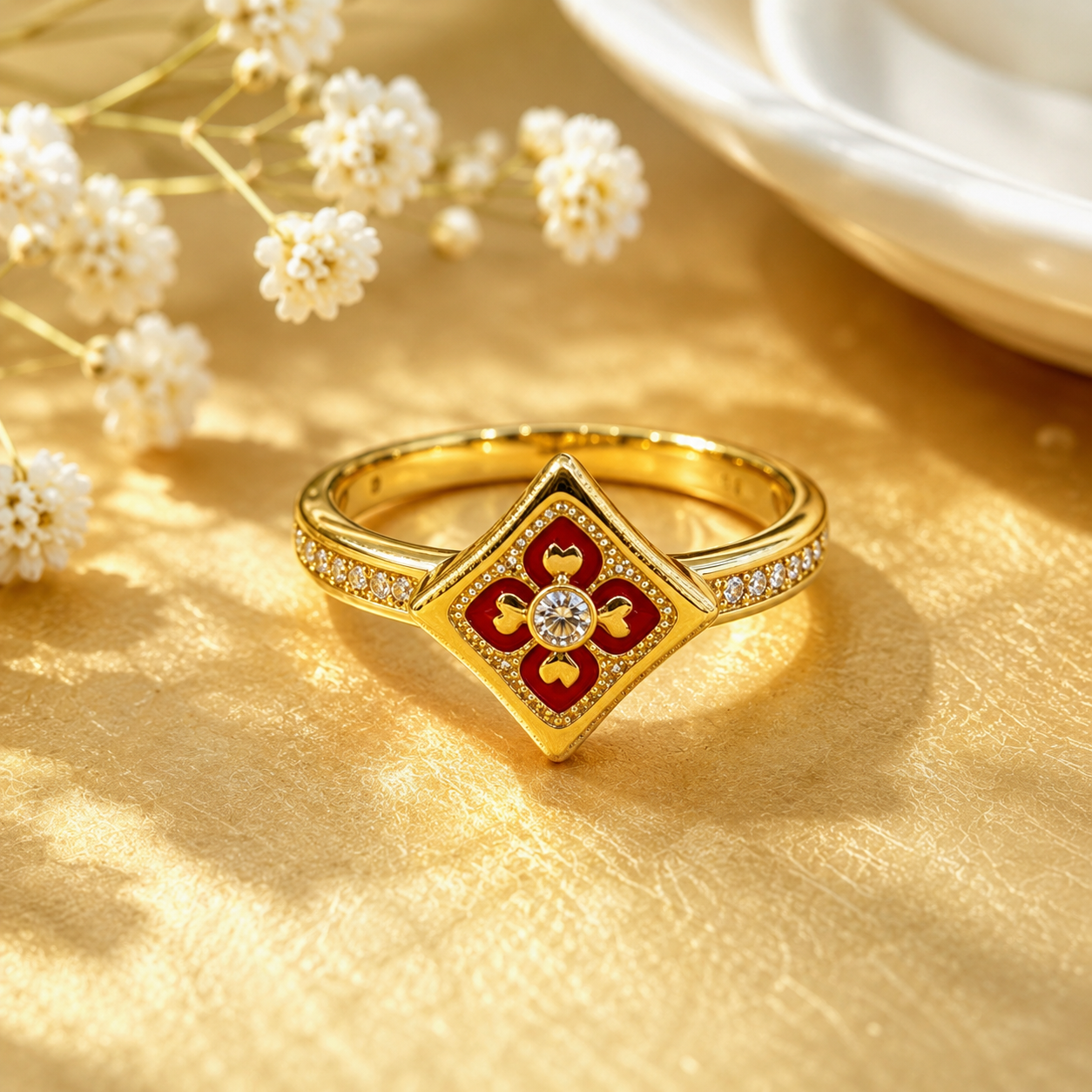 18K Solid Gold Floral Enamel Ring, Vintage Geometric Design, Sparkling Stones (AU750)