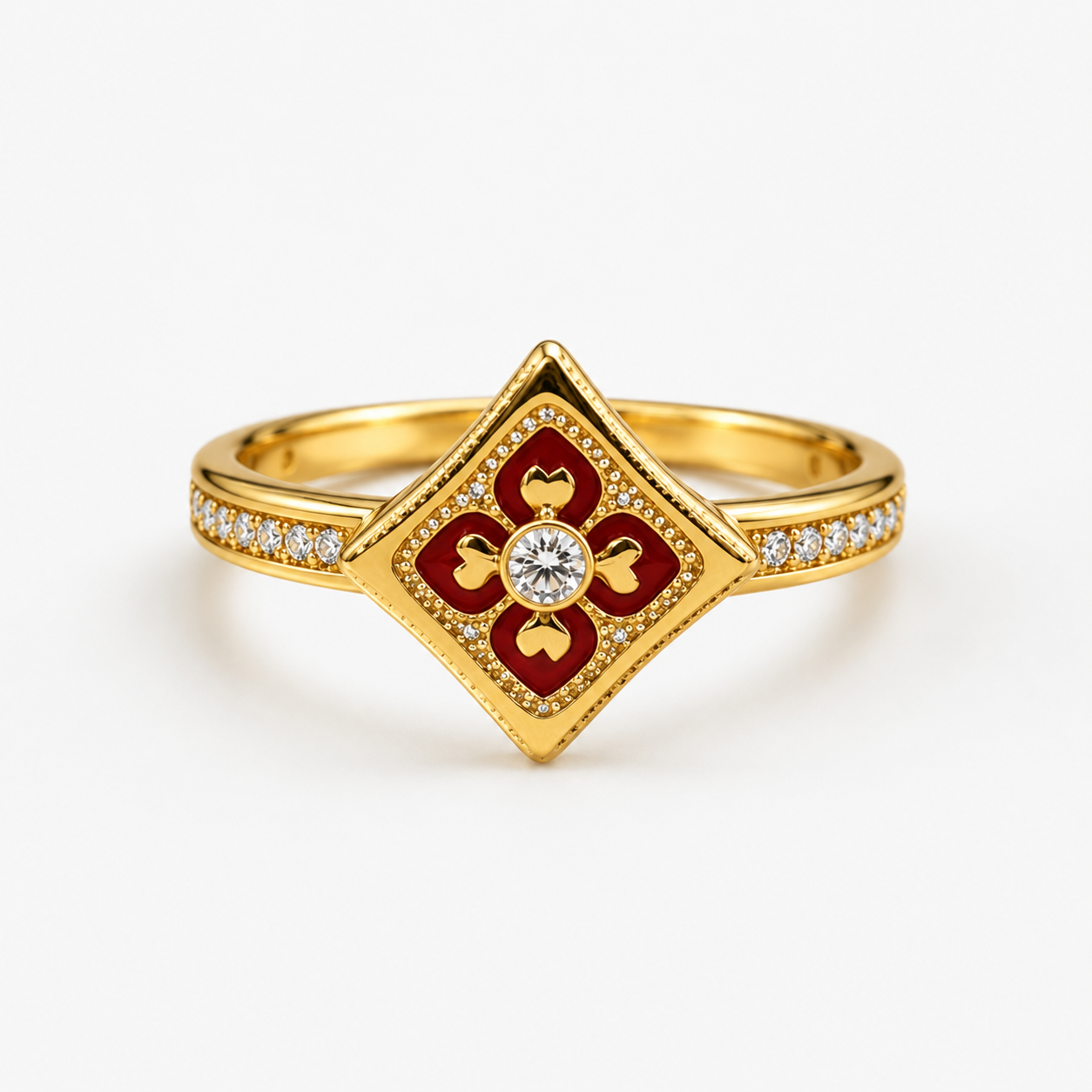 18K Solid Gold Floral Enamel Ring, Vintage Geometric Design, Sparkling Stones (AU750)