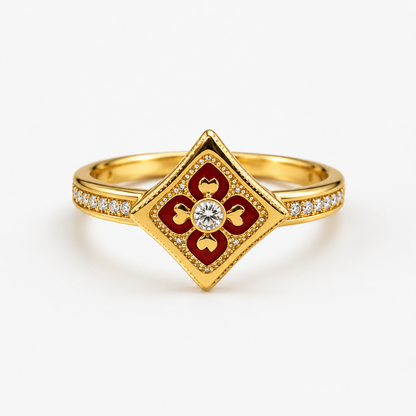 18K Solid Gold Floral Enamel Ring, Vintage Geometric Design, Sparkling Stones (AU750)