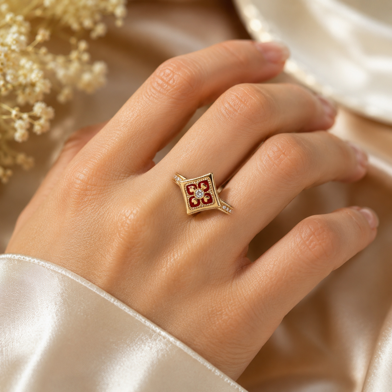 18K Solid Gold Floral Enamel Ring, Vintage Geometric Design, Sparkling Stones (AU750)