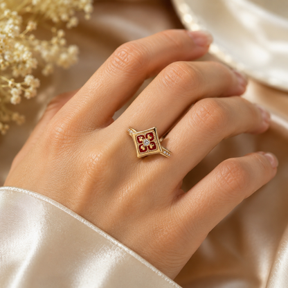 18K Solid Gold Floral Enamel Ring, Vintage Geometric Design, Sparkling Stones (AU750)