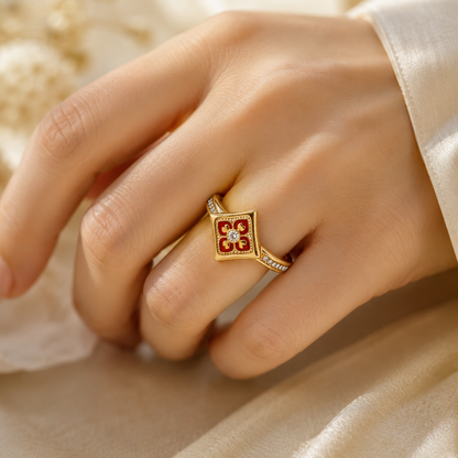 18K Solid Gold Floral Enamel Ring, Vintage Geometric Design, Sparkling Stones (AU750)