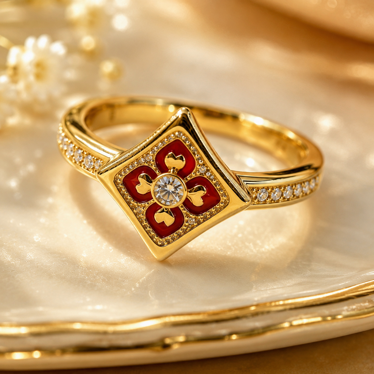 18K Solid Gold Floral Enamel Ring, Vintage Geometric Design, Sparkling Stones (AU750)