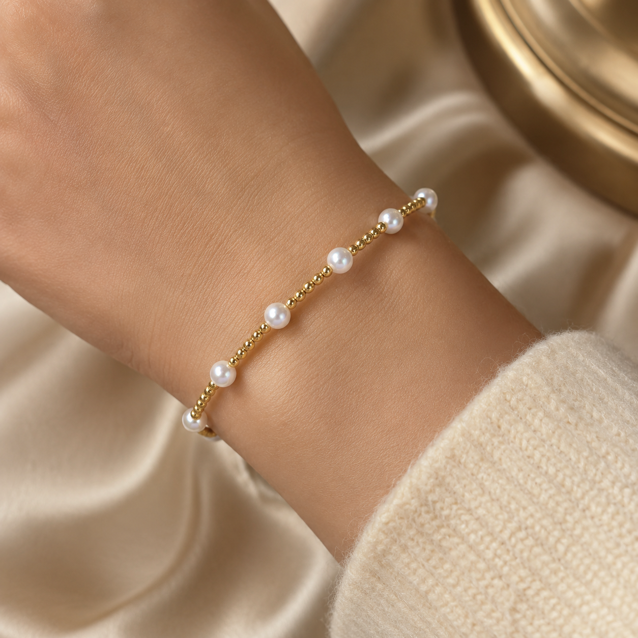 18K Solid Gold Freshwater Pearl Bracelet, Dainty Fine Jewelry (4-5mm Pearls)
