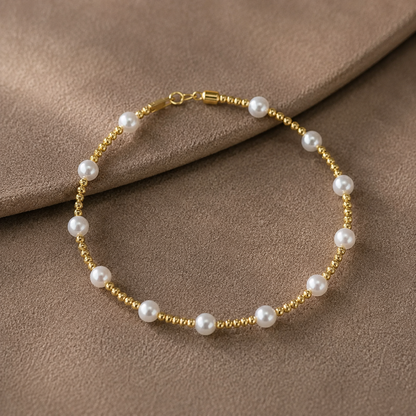 18K Solid Gold Freshwater Pearl Bracelet, Dainty Fine Jewelry (4-5mm Pearls)