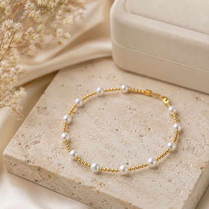 18K Solid Gold Freshwater Pearl Bracelet, Dainty Fine Jewelry (4-5mm Pearls)