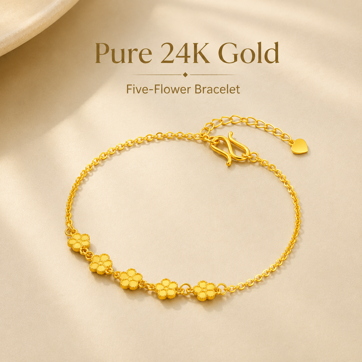 Pure 24K Gold Five-Flower Bracelet, Dainty Floral Chain, Adjustable Hook Clasp (999.9 Fine Gold)