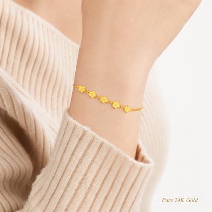 Pure 24K Gold Five-Flower Bracelet, Dainty Floral Chain, Adjustable Hook Clasp (999.9 Fine Gold)