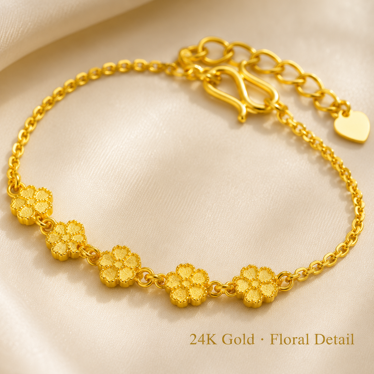 Pure 24K Gold Five-Flower Bracelet, Dainty Floral Chain, Adjustable Hook Clasp (999.9 Fine Gold)