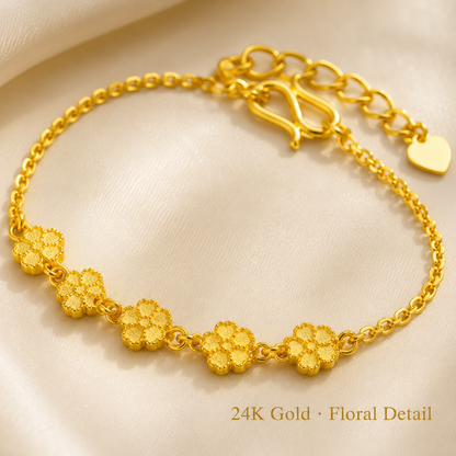 Pure 24K Gold Five-Flower Bracelet, Dainty Floral Chain, Adjustable Hook Clasp (999.9 Fine Gold)