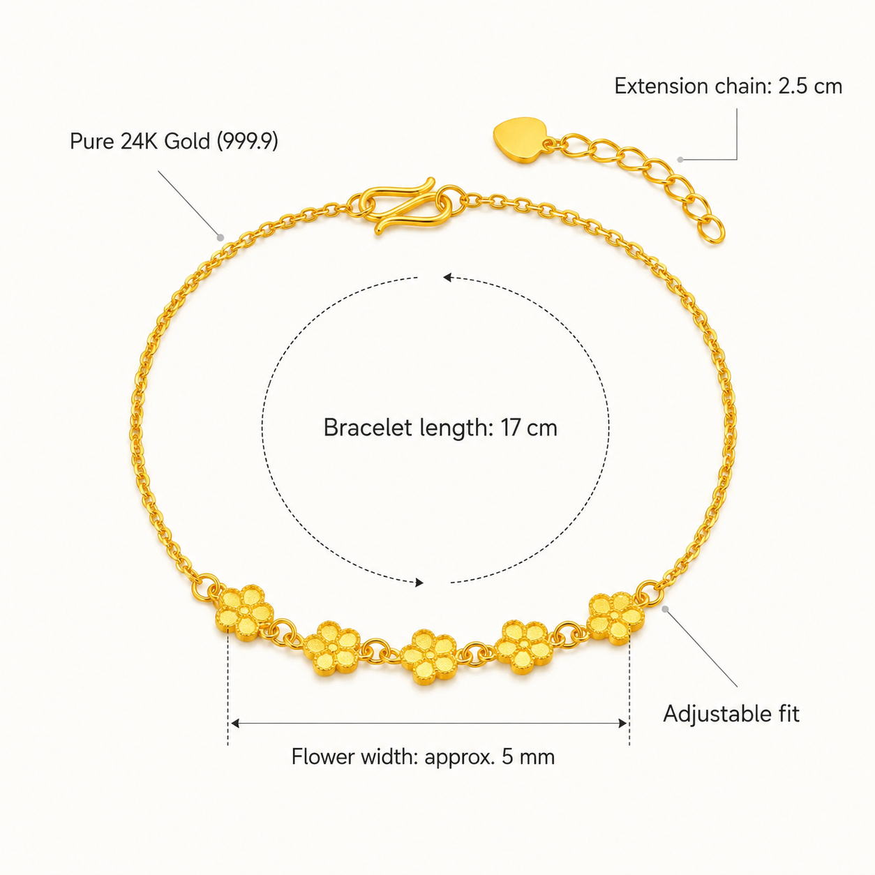 Pure 24K Gold Five-Flower Bracelet, Dainty Floral Chain, Adjustable Hook Clasp (999.9 Fine Gold)