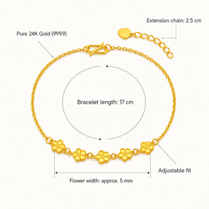 Pure 24K Gold Five-Flower Bracelet, Dainty Floral Chain, Adjustable Hook Clasp (999.9 Fine Gold)